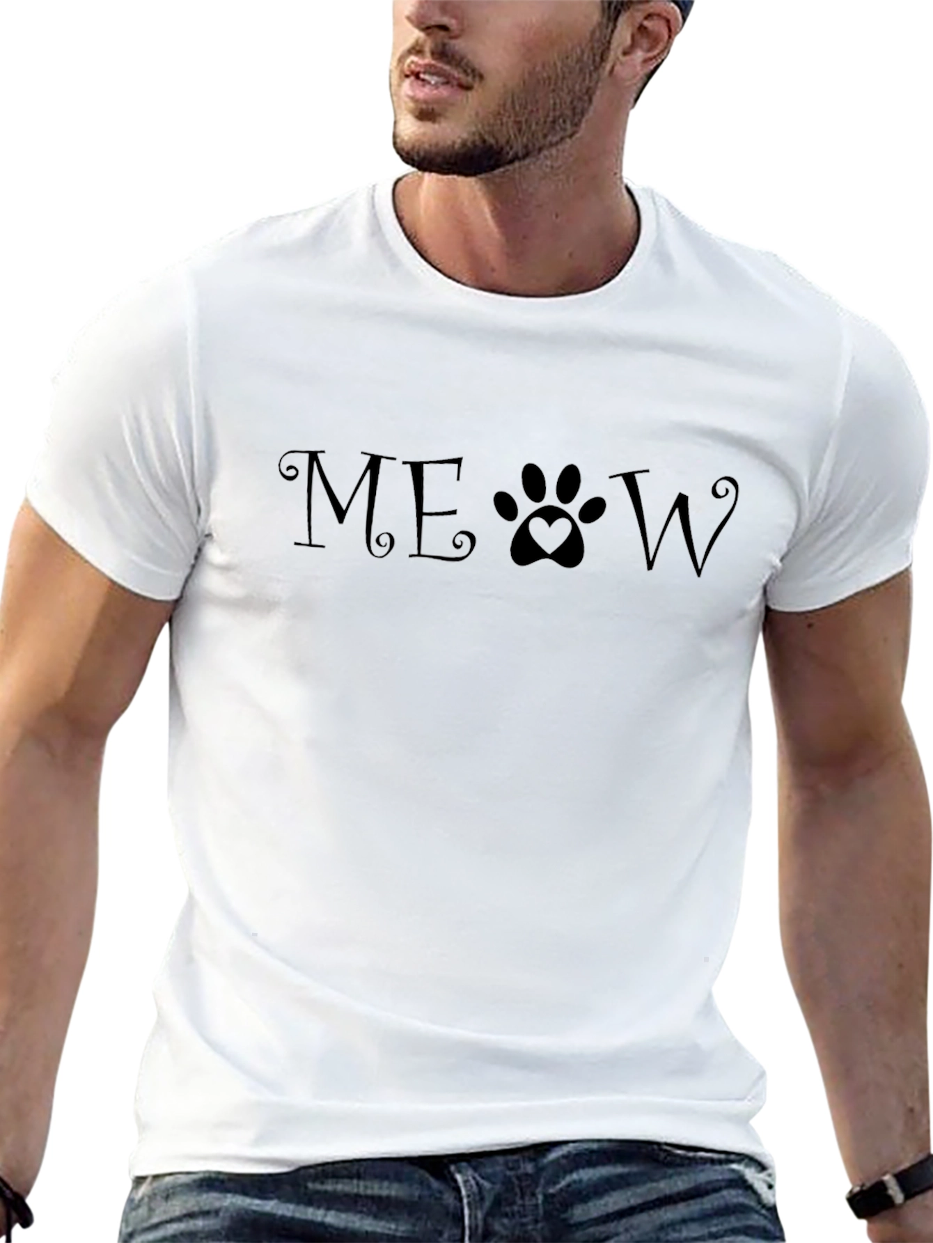 Meow Cat Paw Print T-Shirt Casual Crew Neck Tee