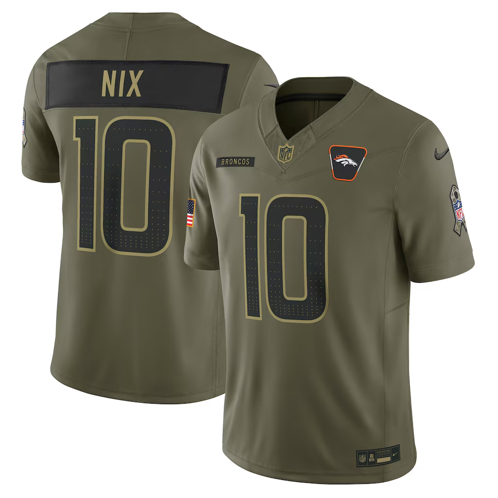 Men's Denver Broncos Bo Nix Nike Olive 2025 Salute to Service Limited Jersey