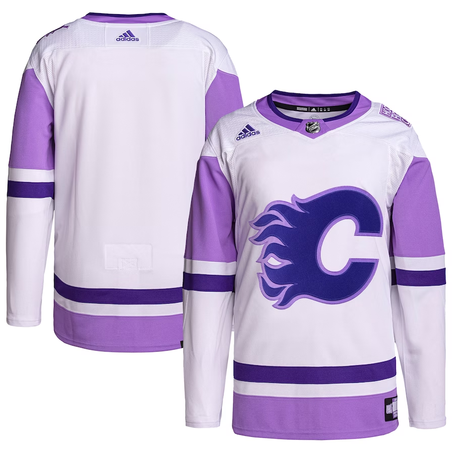 Men's Calgary Flames White/Purple Hockey Fights Cancer Primegreen Authentic Blank Practice Jerseys