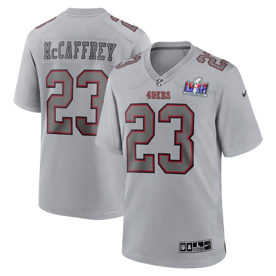 Men's San Francisco 49ers Christian McCaffrey #23 Gray Super Bowl LVIII Atmosphere Fashion Game Jerseys