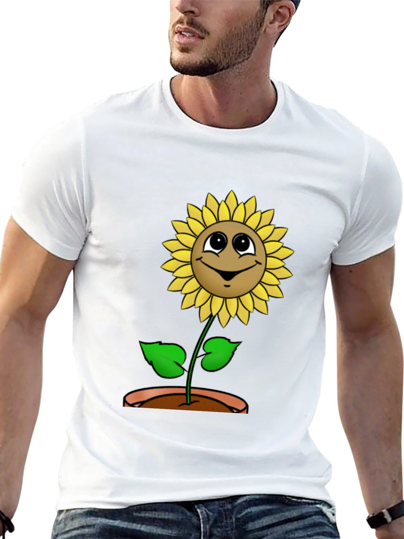 Happy Sunflower Graphic Tee - Black Cotton T-Shirt