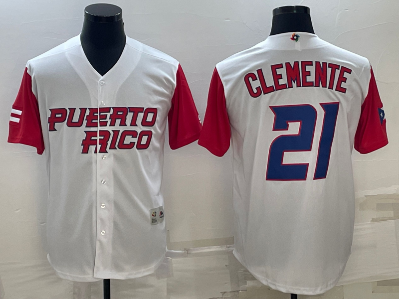 Men's 2023 World Baseball Classic #21 Roberto Clemente Puerto Rico Jerseys White