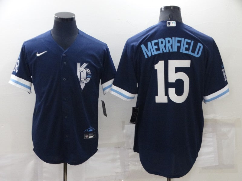 Men's Kansas City Royals Whit Merrifield #15 Navy Replica Baseball Jerseys