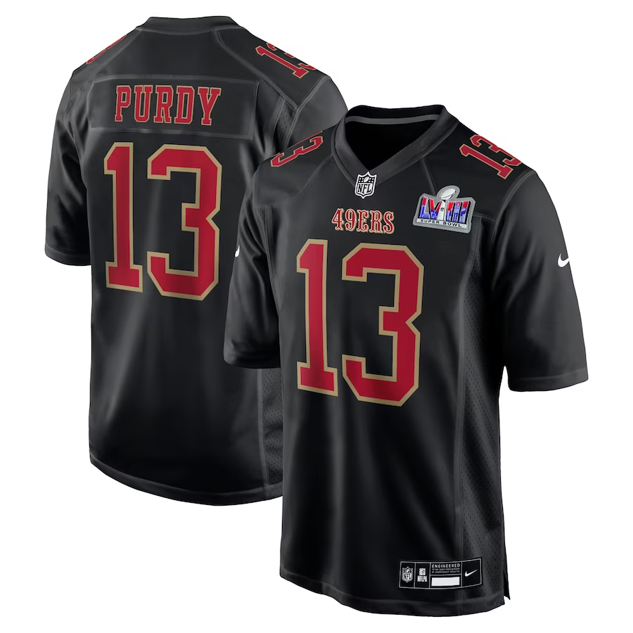 Men's San Francisco 49ers Brock Purdy #13 Black Super Bowl LVIII Carbon Fashion Game Player Jerseys