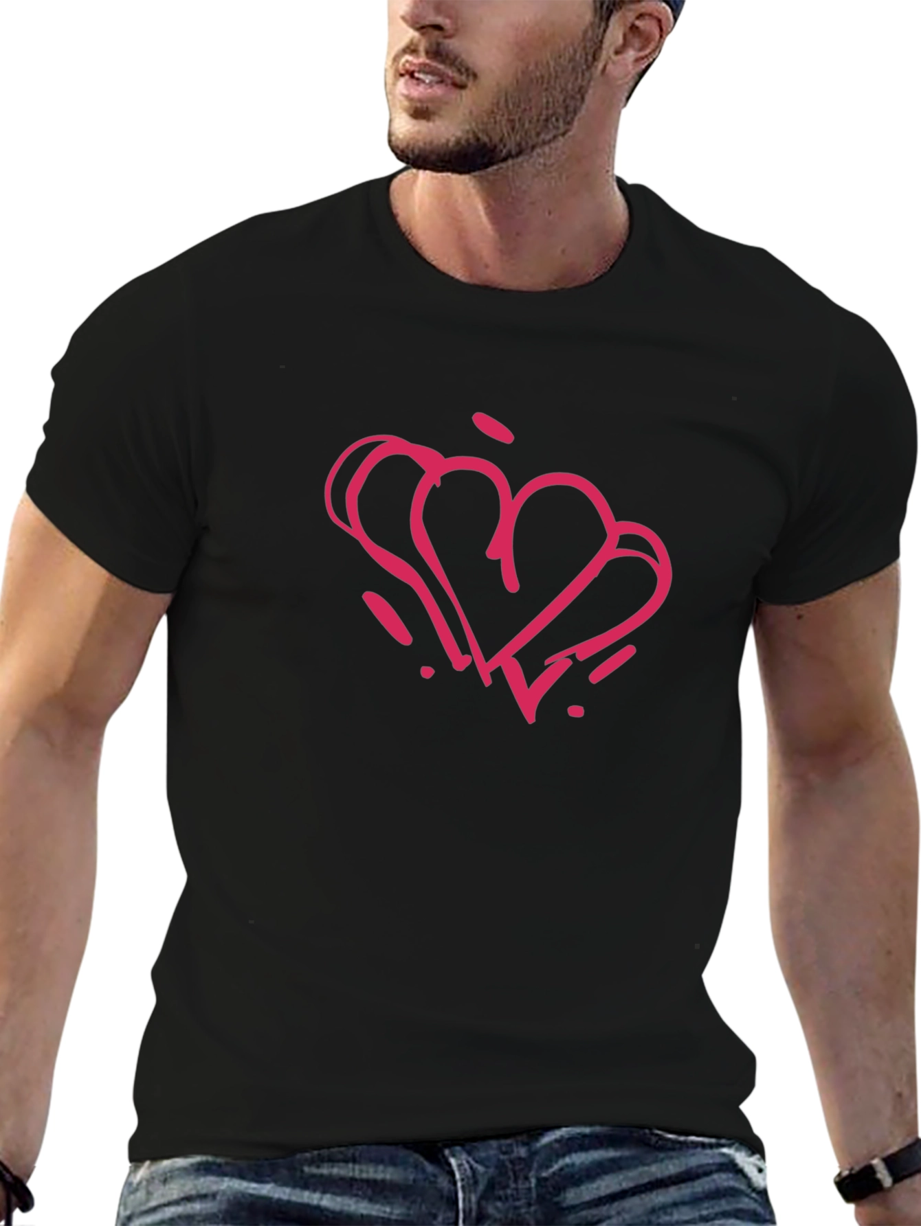 Black T-Shirt with Pink Heart Graphic
