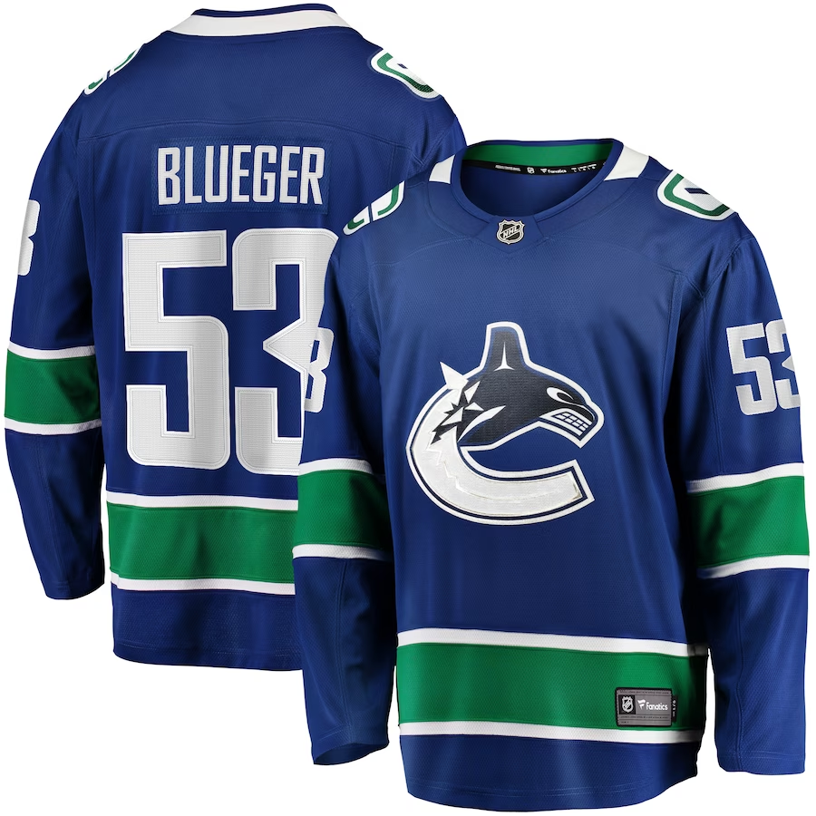 Men's Vancouver Canucks Teddy Blueger #53 Blue Home Breakaway Jerseys