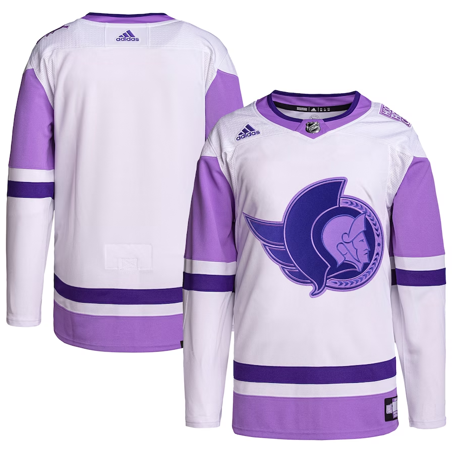 Men's Ottawa Senators White/Purple Hockey Fights Cancer Primegreen Authentic Blank Practice Blank Jerseys