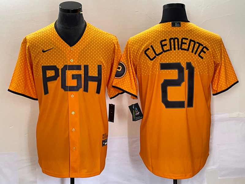 Men's Pittsburgh Pirates Roberto Clemente #21 Gold 2023 City Connect Replica Player Jerseys