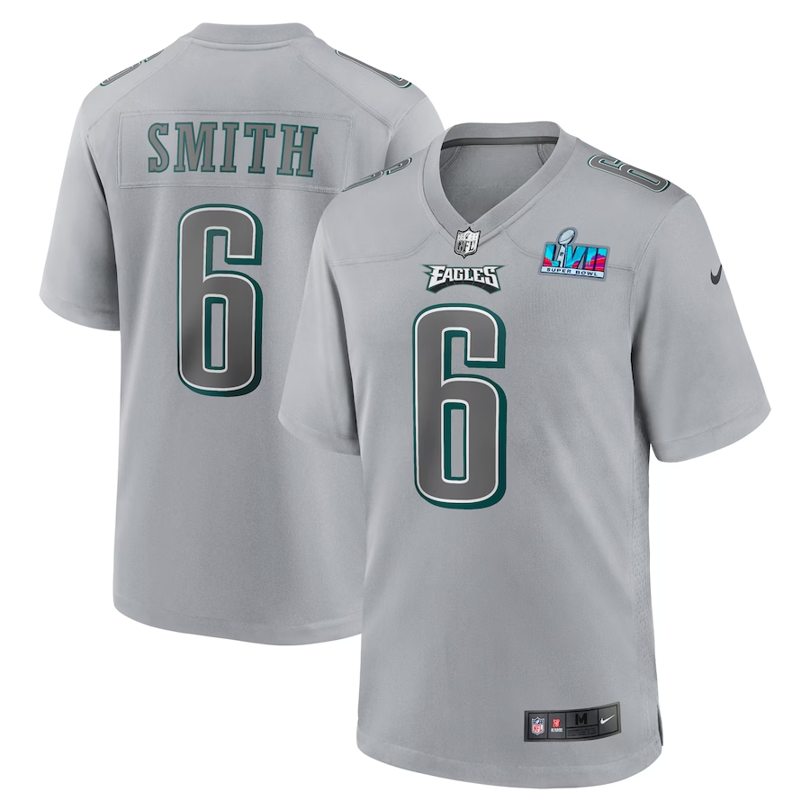 Men's Philadelphia Eagles DeVonta Smith #6 Gray Super Bowl LVII Patch Atmosphere Fashion Game Jerseys