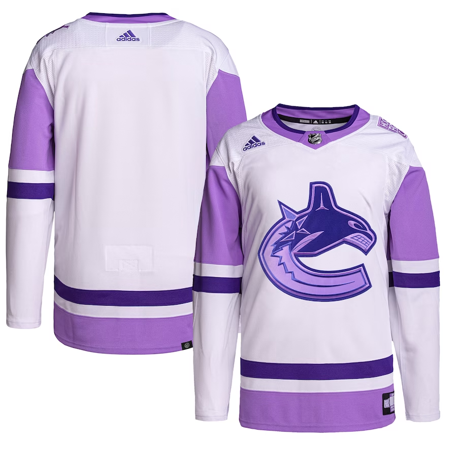 Men's Vancouver Canucks White/Purple Hockey Fights Cancer Primegreen Authentic Blank Practice Jerseys