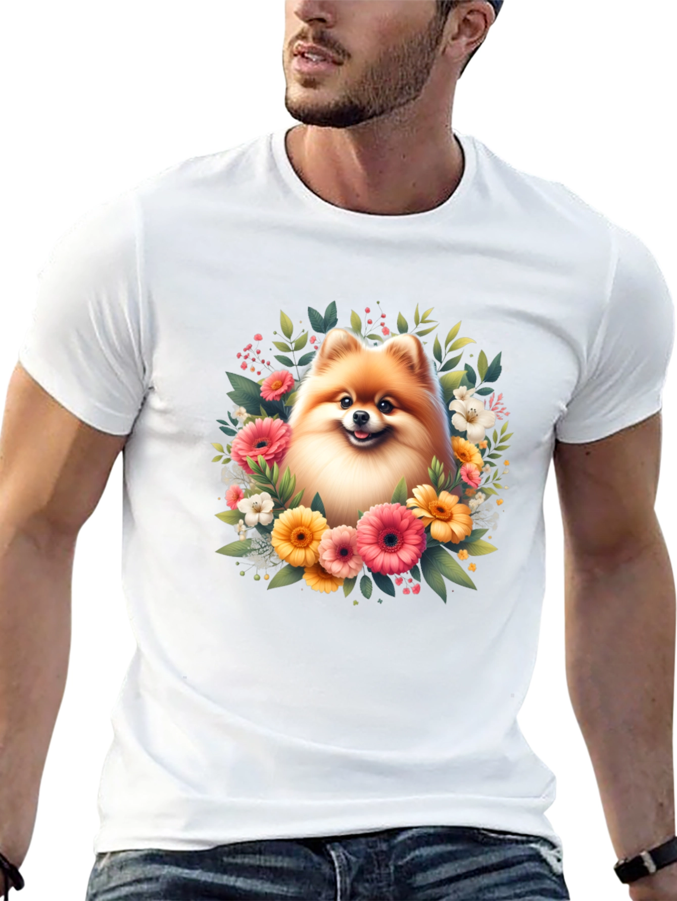 Dog and Floral Graphic Black T-Shirt
