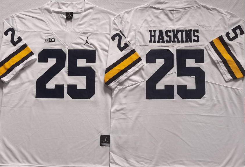 Men's Michigan Wolverines Hassan Haskins #25 White Alumni Player Game Jersey