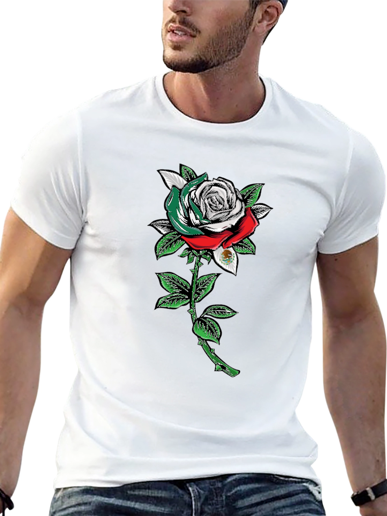 Mexican Flag Rose Graphic Tee - Black Cotton T-Shirt
