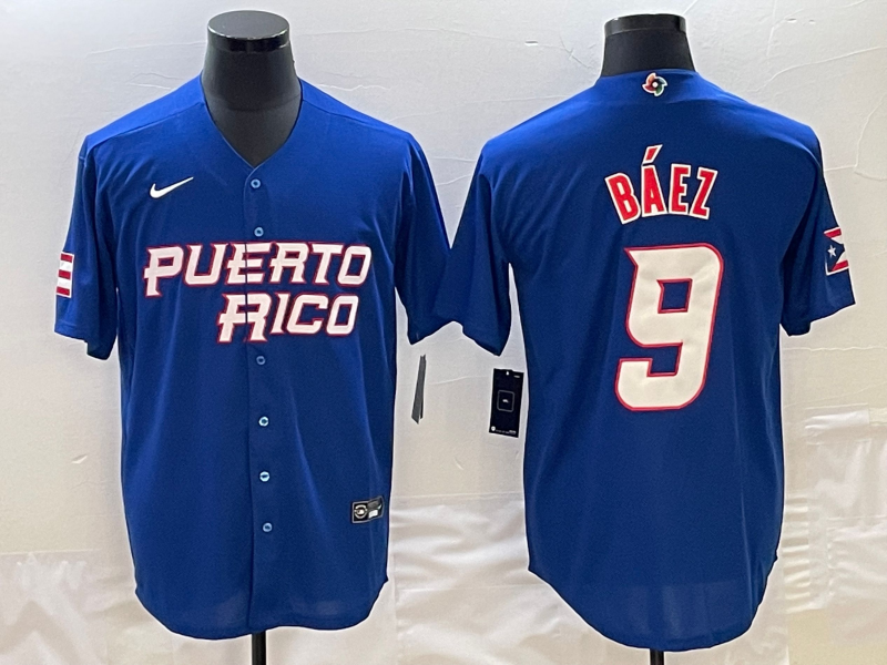 Men's 2023 World Baseball Classic #9 Javier Baez Puerto Rico Blue Jerseys
