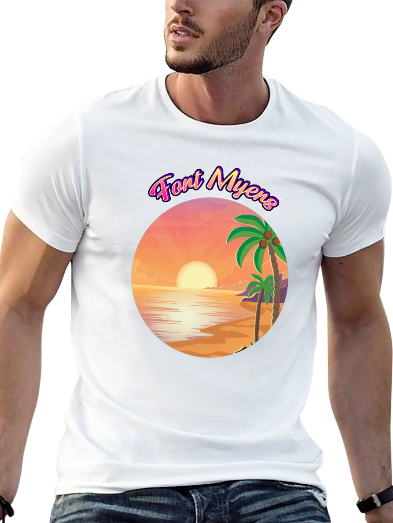 Font Myens Sunset Graphic Tee - Tropical Beach T-Shirt