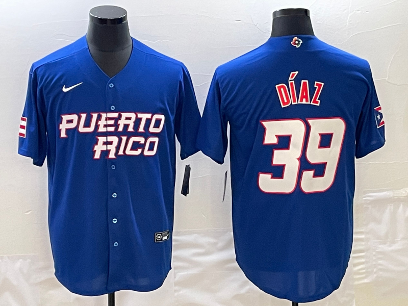 Men's 2023 World Baseball Classic #39 Edwin Diaz Puerto Rico Blue Jerseys