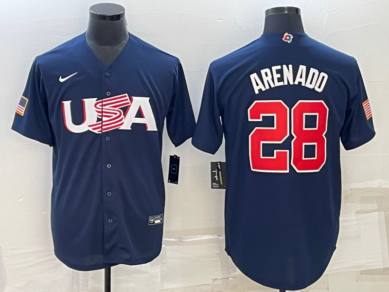 Men's 2023 World Baseball Classic #28 Nolan Arenado USA Navy Jerseys