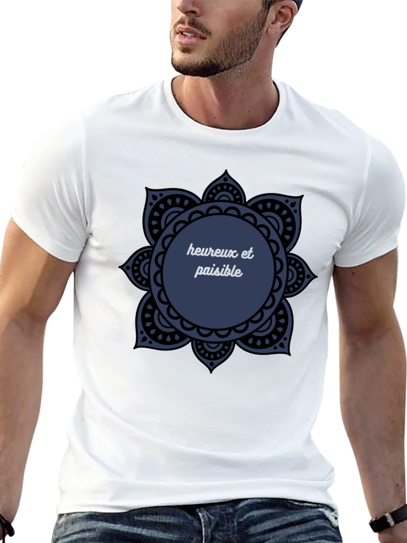 Black T-Shirt with Mandala Heureux et Paisible Design