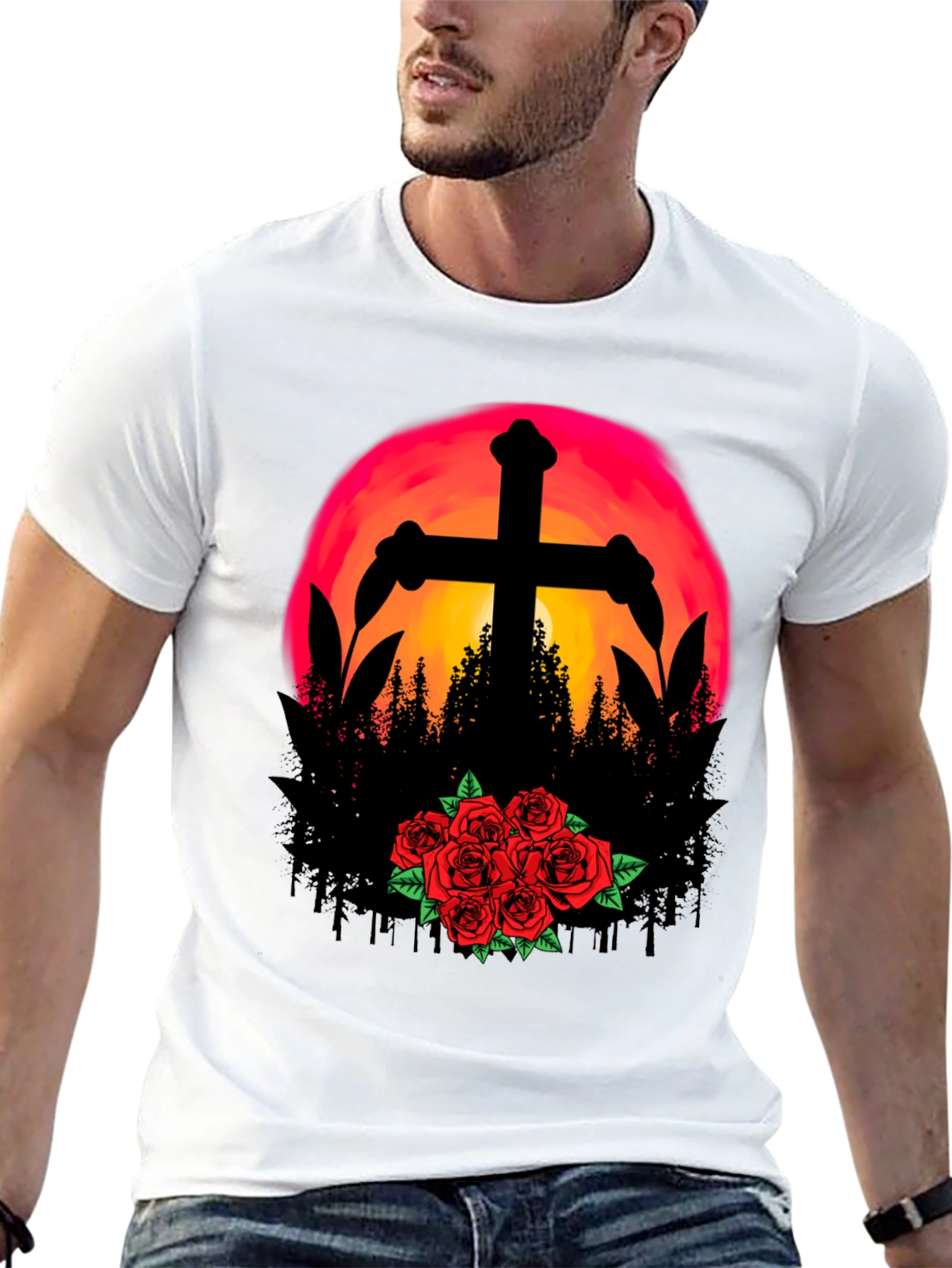 Sunset Cross & Roses Graphic Tee - Black T-Shirt