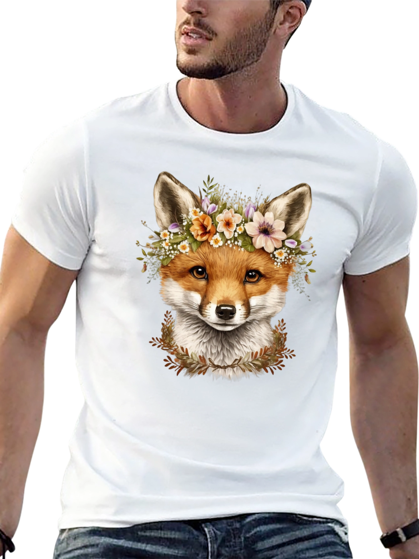 Fox Floral Crown Black T-Shirt