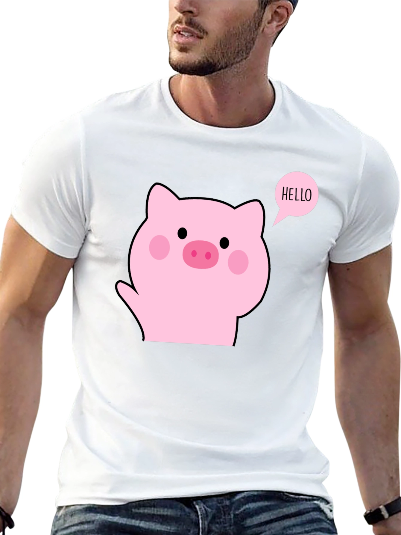 Cute Pig Hello Black T-Shirt