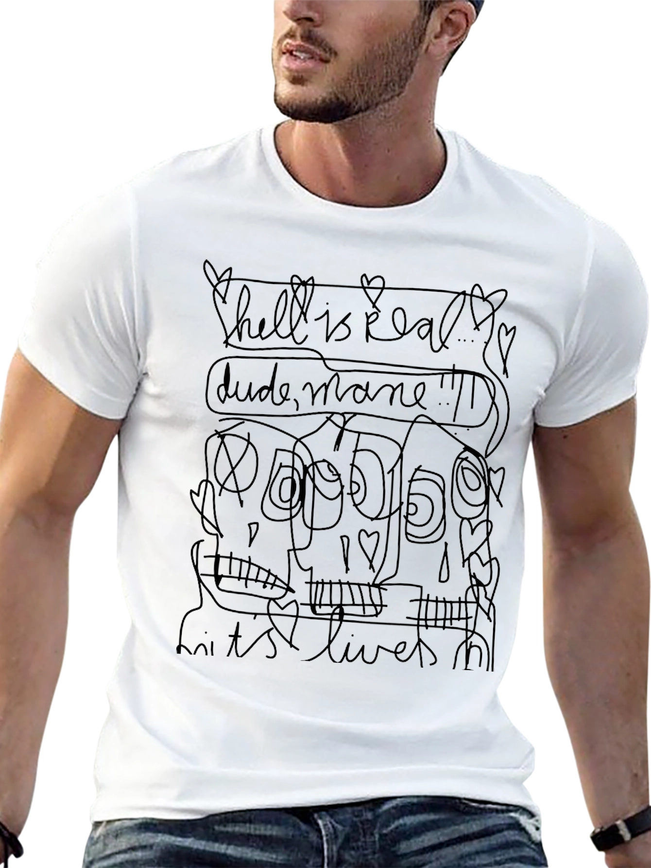 Graphic Tee: Hell is Real Sketchy Skull Design T-Shirt