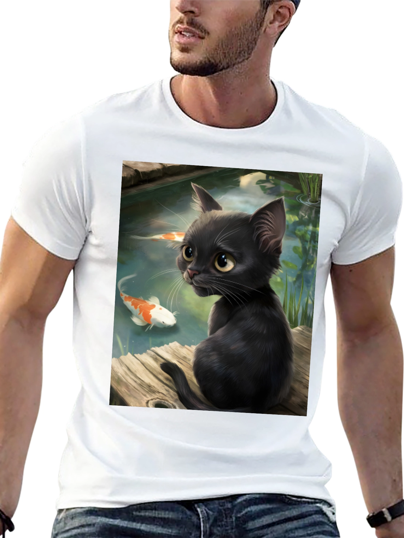 Black Cat & Koi Pond Graphic T-Shirt