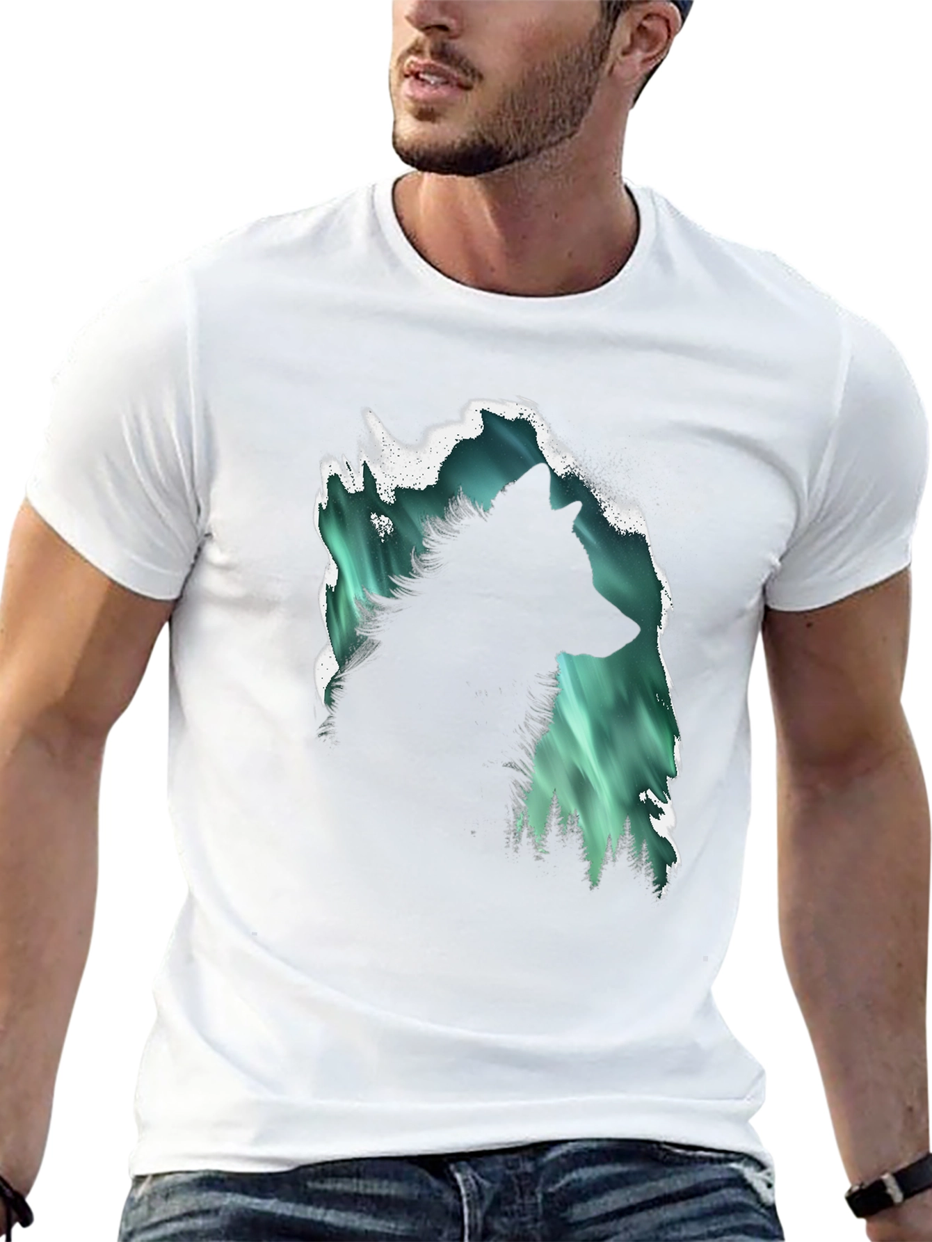 Wolf Aurora Borealis Graphic Black T-Shirt