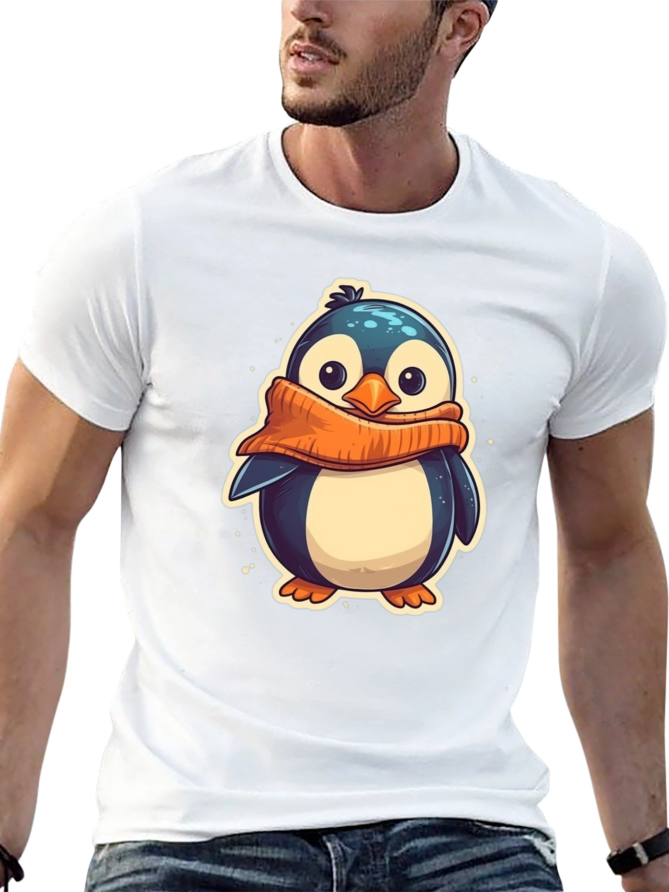 Cute Penguin Scarf Graphic Tee - Black Cotton T-Shirt