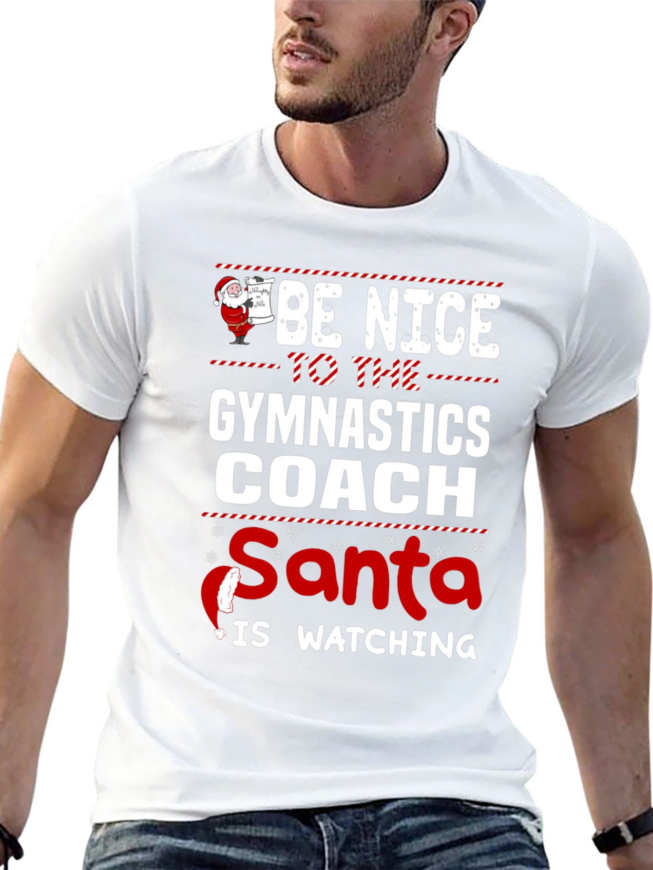 Gymnastics Coach Santa Watching Holiday T-Shirt