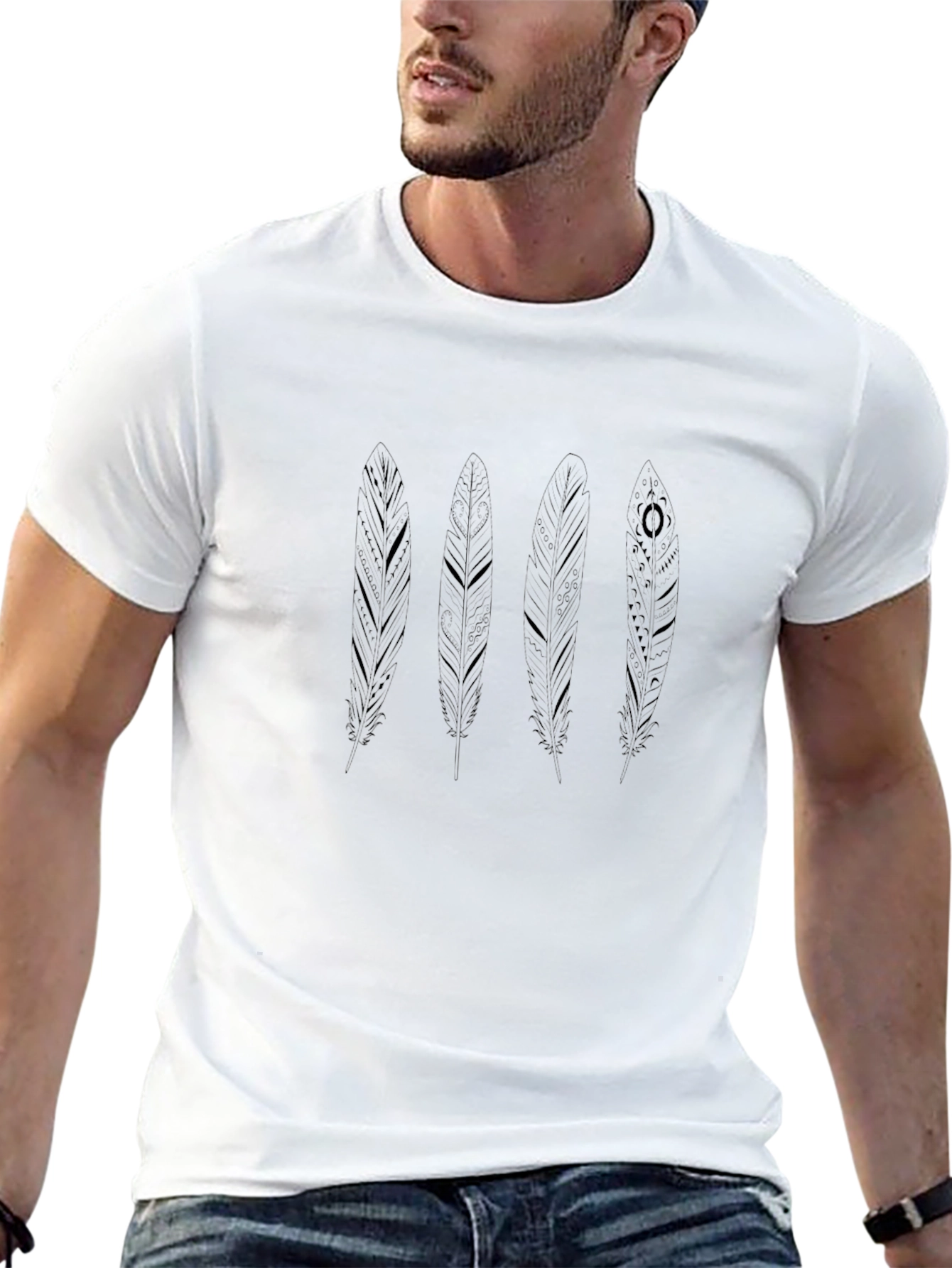 Mens Black Feather Print Tee - Casual Style