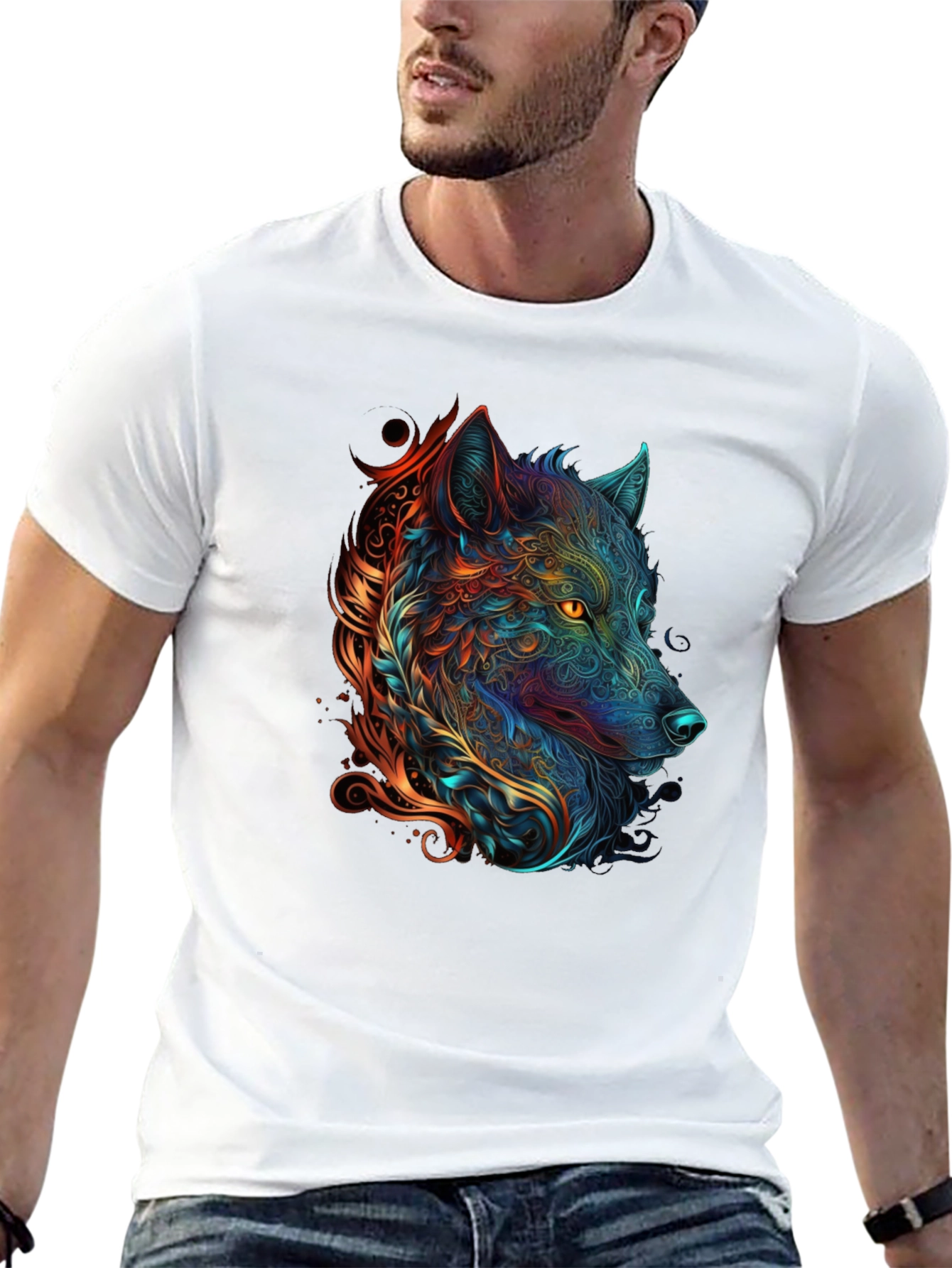 Abstract Wolf Graphic Print Black T-Shirt