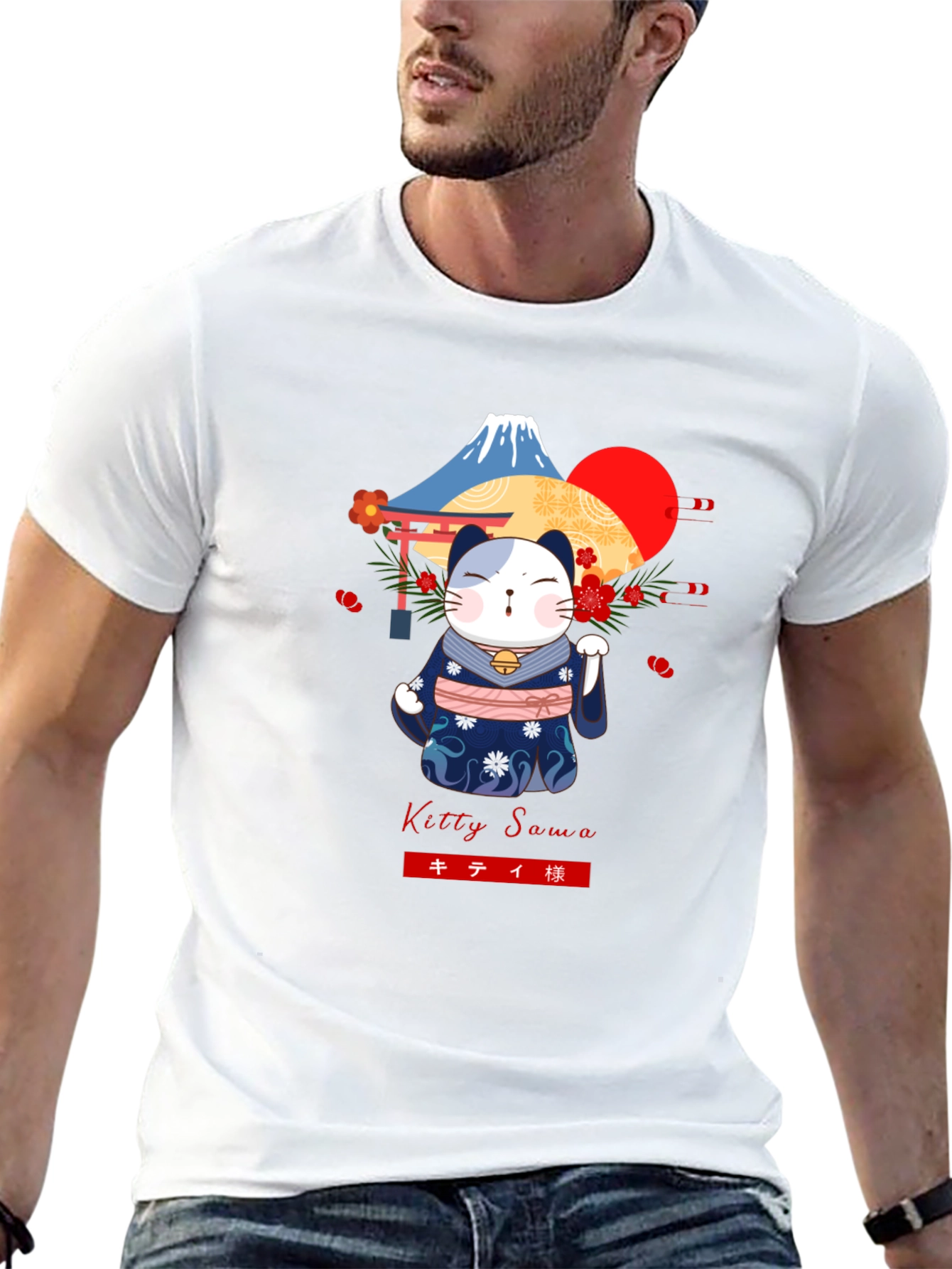 Maneki Neko T-Shirt: Lucky Cat & Mount Fuji