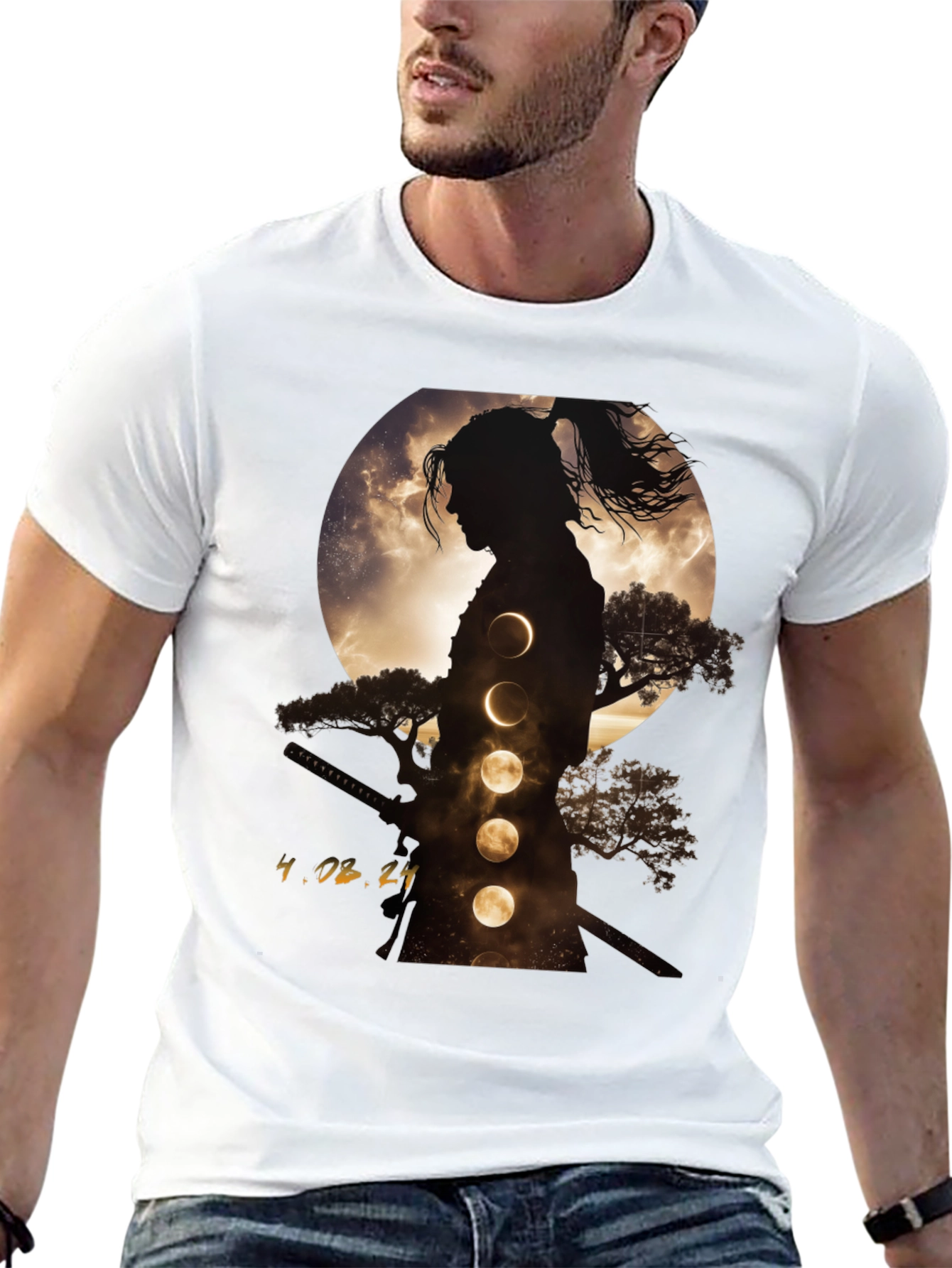 Samurai Moon Phase Graphic Tee - Stylish Black T-Shirt