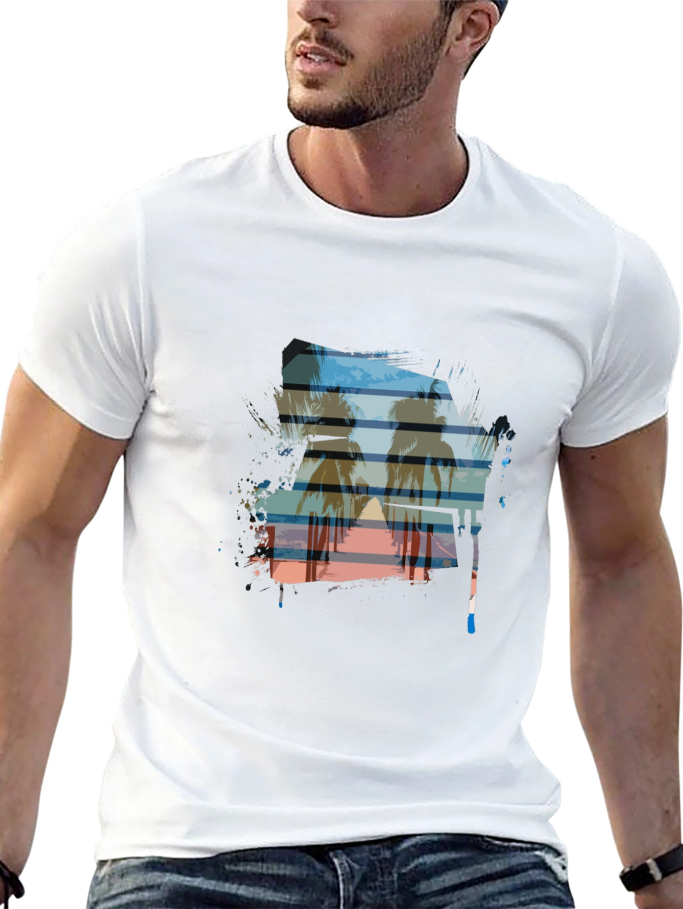 Sunset Palm Tree Graphic Tee - Casual Black T-Shirt