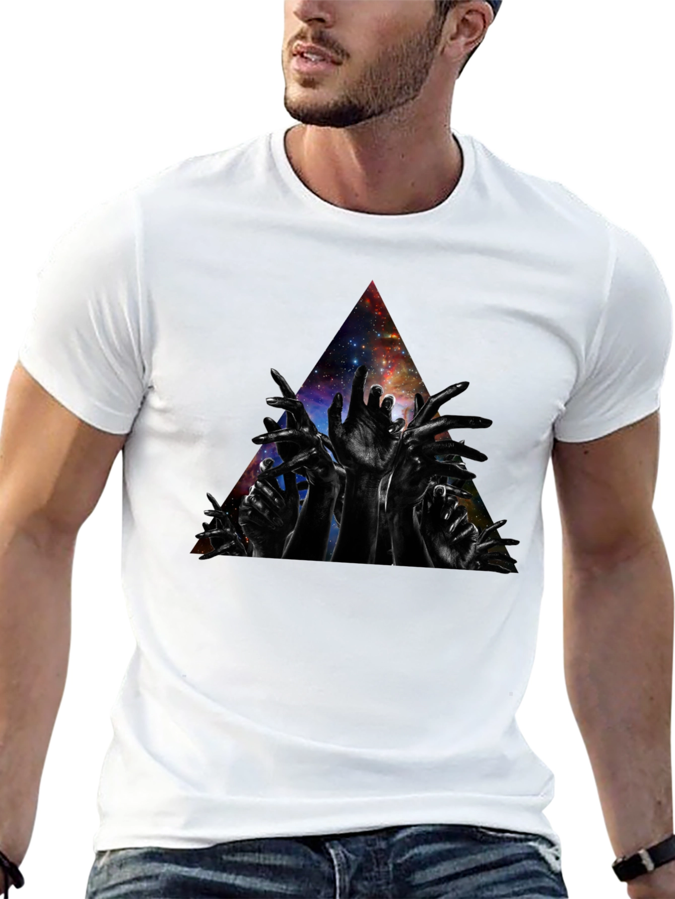 Galaxy Hands Graphic T-Shirt - Modern Artistic Design