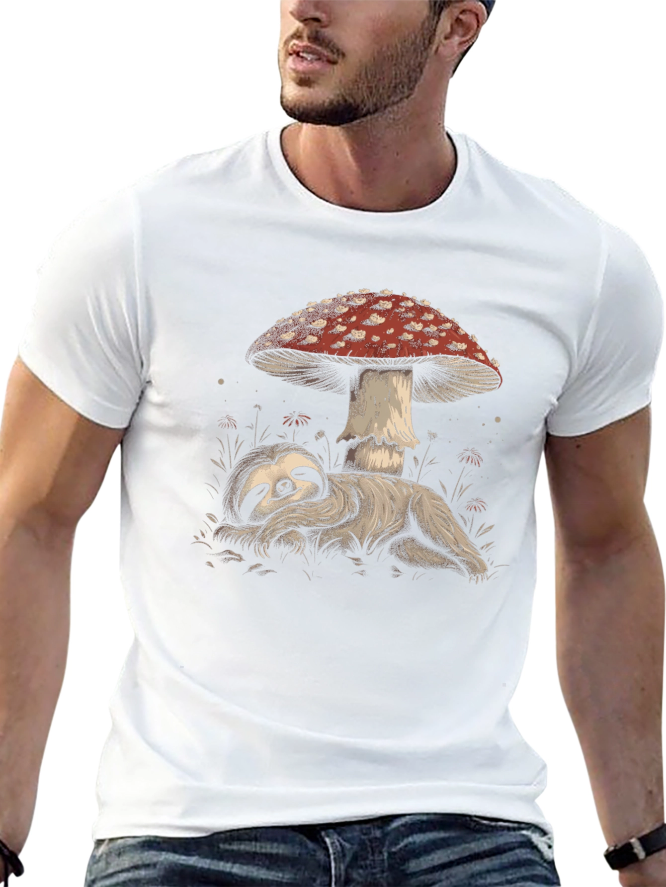 Sloth Under Mushroom Graphic Tee - Relaxed Fit
