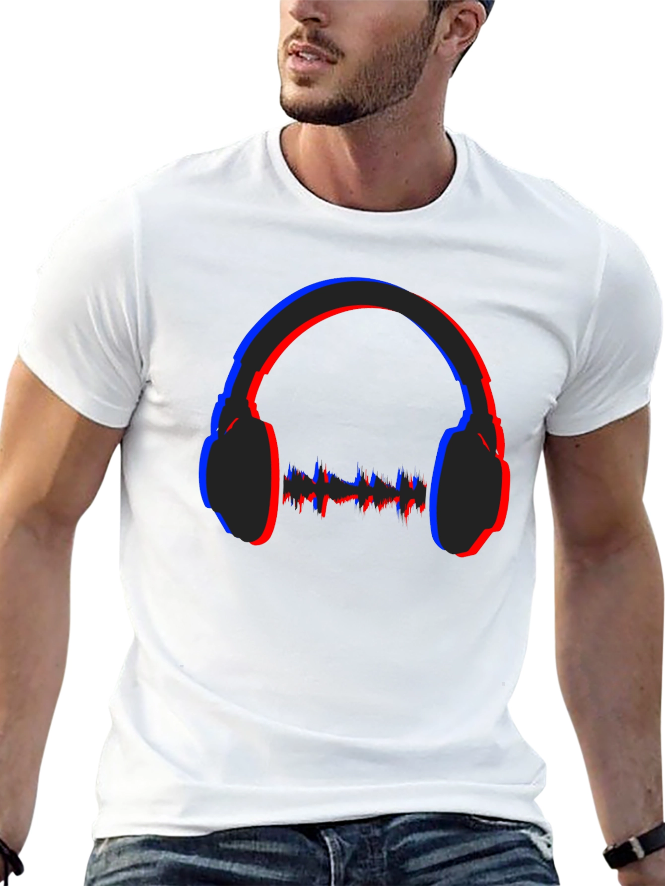 Stereoscopic Headphones Graphic Black T-Shirt