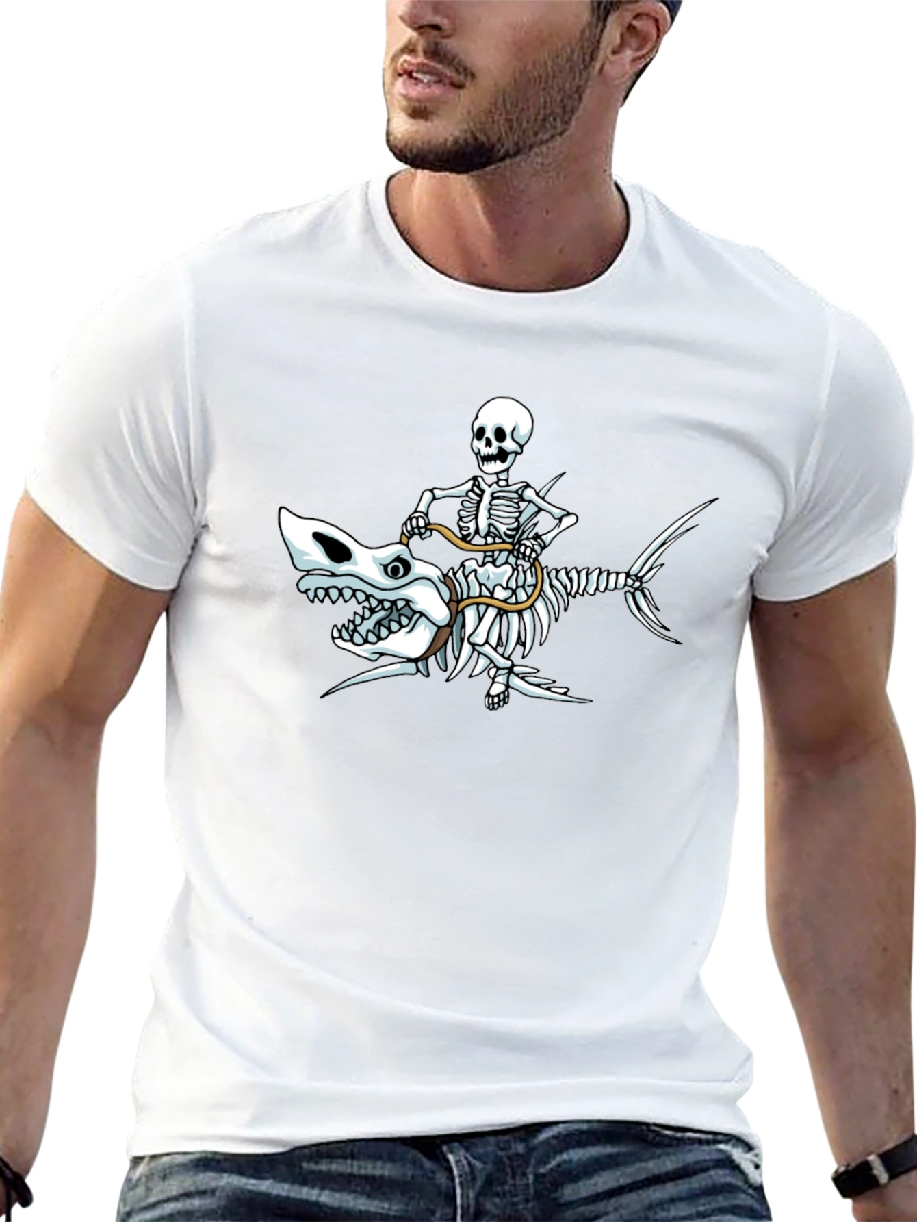 Skeleton Riding Shark Graphic T-Shirt - Black