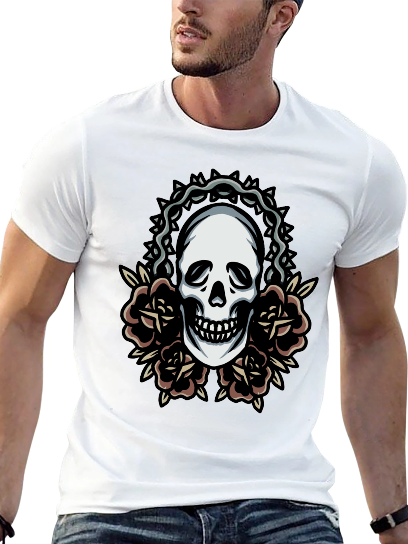 Skull and Roses Graphic Tee - Classic Black T-Shirt