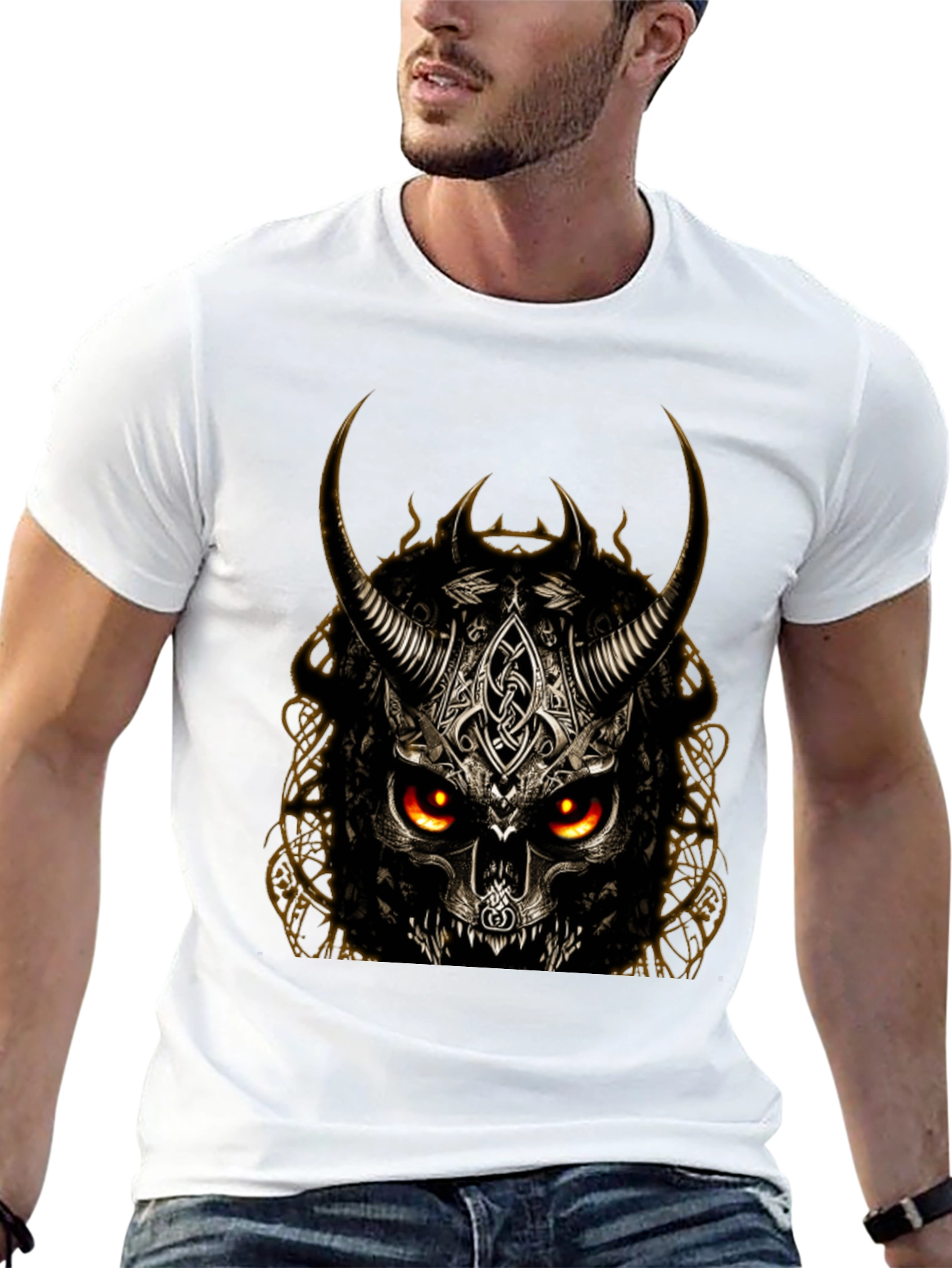 Horned Skull Graphic T-Shirt - Dark Viking Style