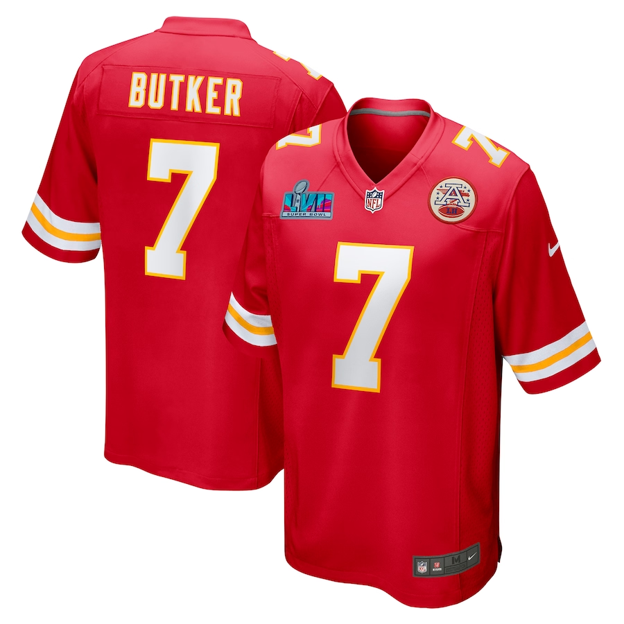 Men's Kansas City Chiefs Harrison Butker #7 Red Super Bowl LVII Patch Game Jerseys