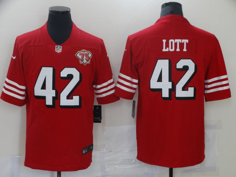 Men's San Francisco 49ers Ronnie Lott #42 Red 75th Anniversary Game Jerseys