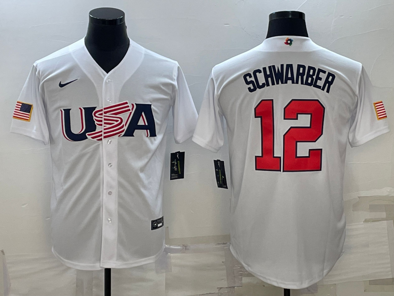 Men's 2023 World Baseball Classic #12 Kyle Schwarber USA White Jerseys