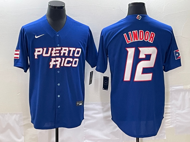 Men's 2023 World Baseball Classic #12 Francisco Lindor Puerto Rico Blue Jerseys