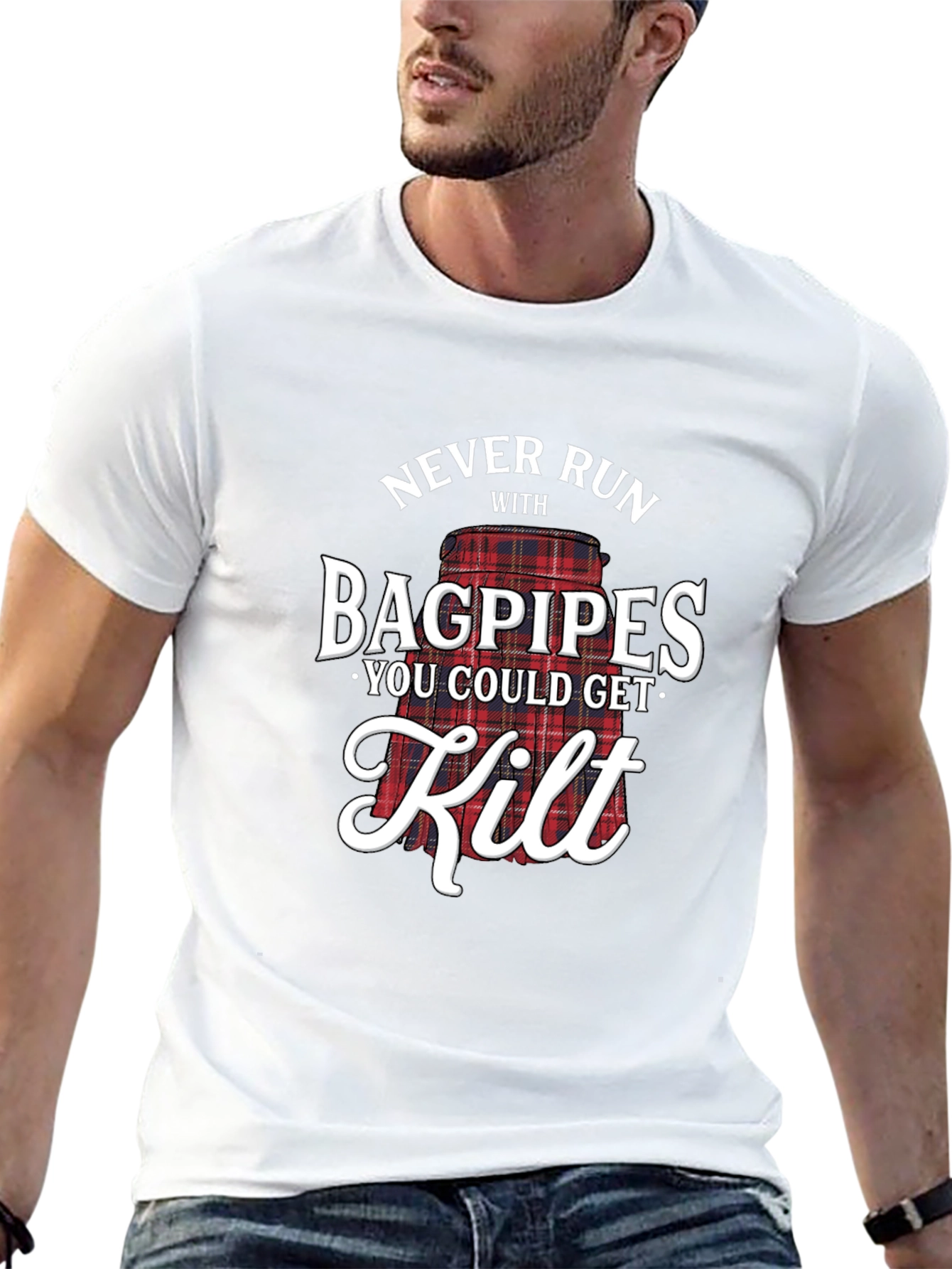 Never Run With Bagpipes T-Shirt Funny Scottish Kilt Tee