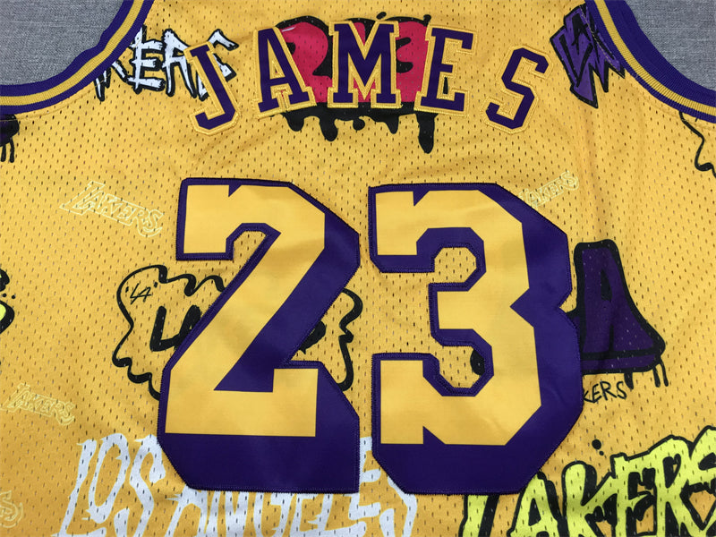 Men's Los Angeles Lakers LeBron James #23 Yellow Swingman Graffiti Edition Jerseys