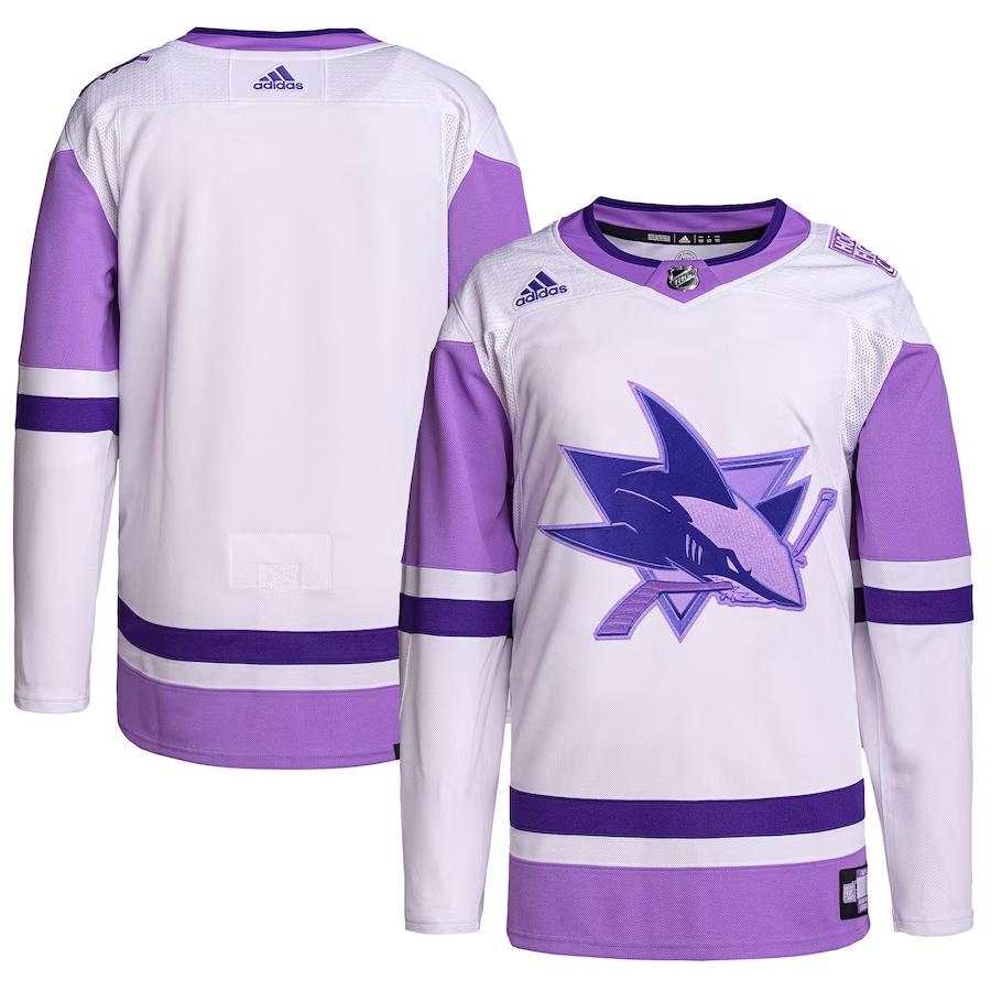 Men's San Jose Sharks White/Purple Hockey Fights Cancer Primegreen Authentic Blank Practice Jerseys