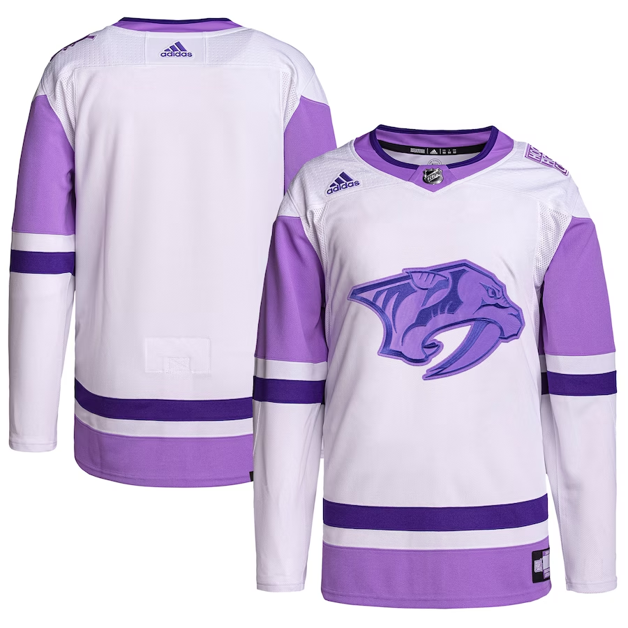 Men's Nashville Predators White/Purple Hockey Fights Cancer Primegreen Authentic Blank Practice Jerseys