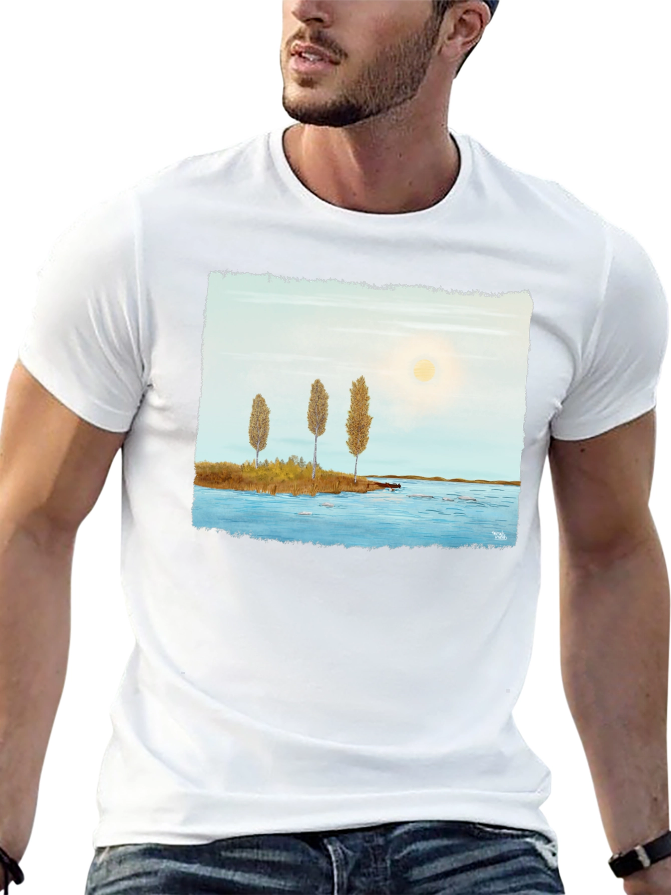 Scenic Lake Print Black T-Shirt
